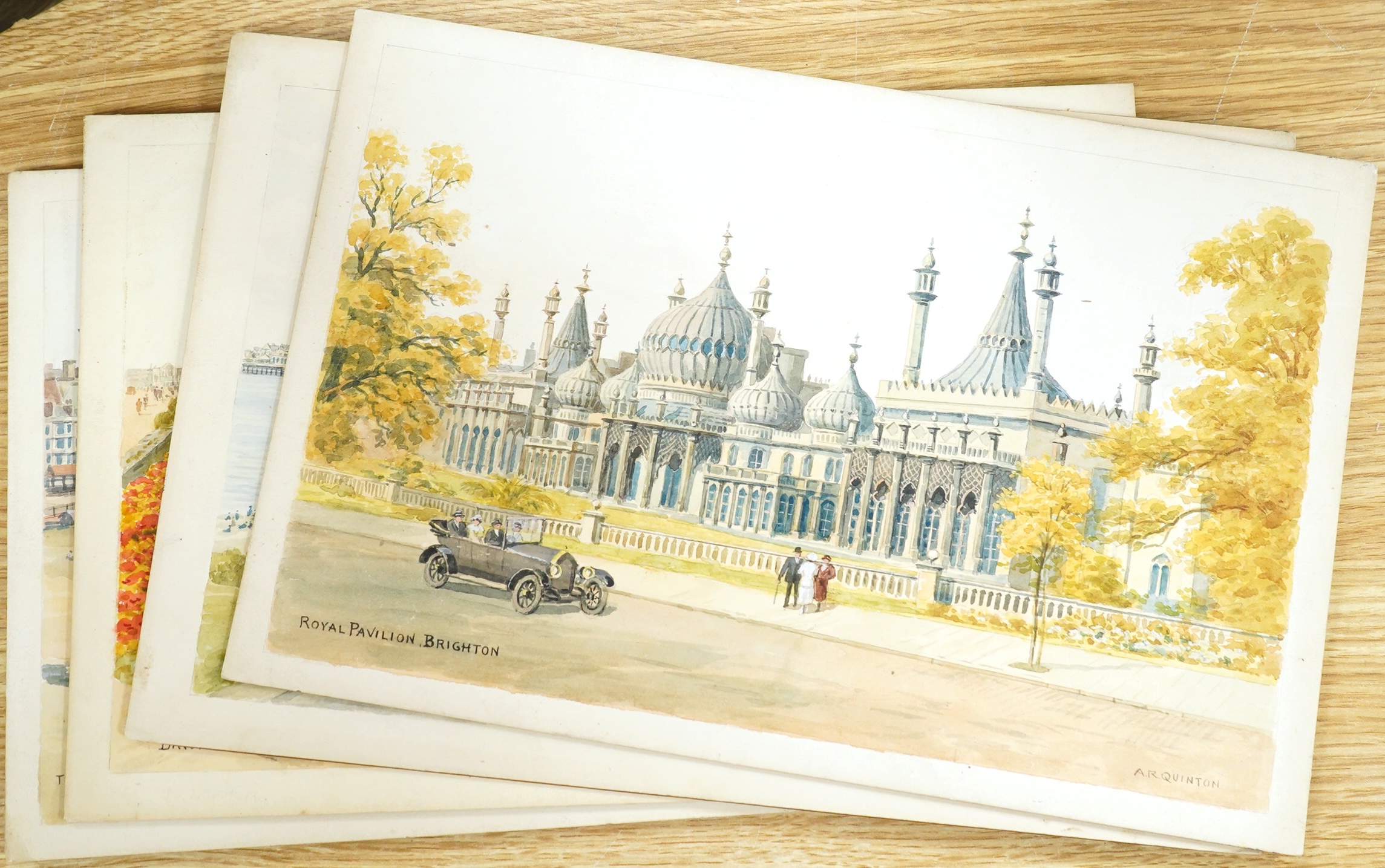 Alfred Robert Quinton (1853-1934), set of four original watercolours for postcard designs, Brighton views, comprising: The Royal Pavilion, Brighton, Kemp Town, Sunk Gardens and The Beach from West Pier, each signed, unfr